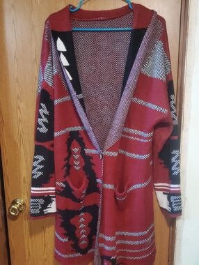Open-Front Burgundy Tribal Knit Cardigan Sweater